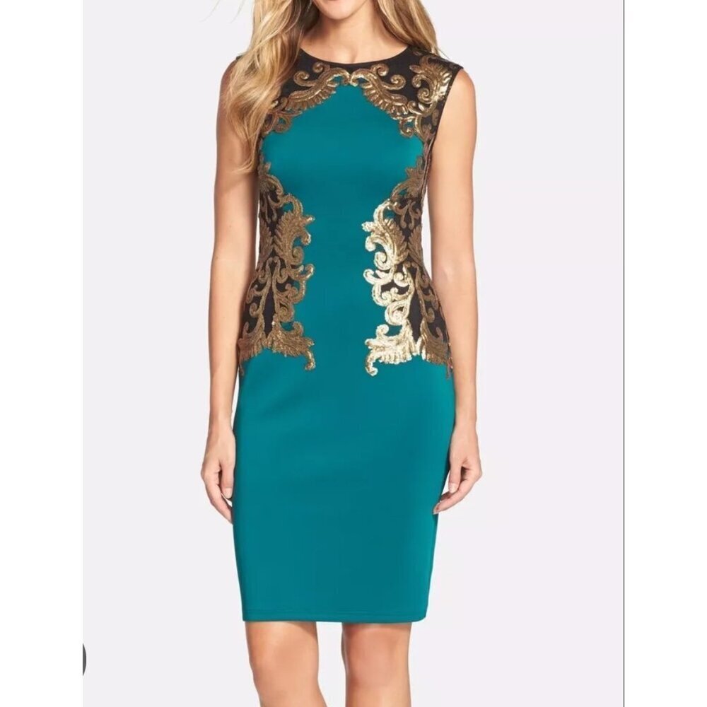 Tadashi Shoji Milana Emeral Green Embroidered Sequin Neoprene Dress Ladies SMALL